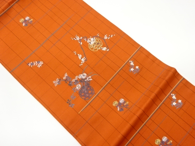 格子に花籠・枝梅模様織出し名古屋帯